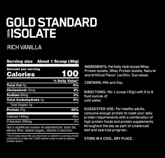 Etiqueta de proteínas Gold Standard 100% Isolate de Optimum Nutrition sabor vainilla