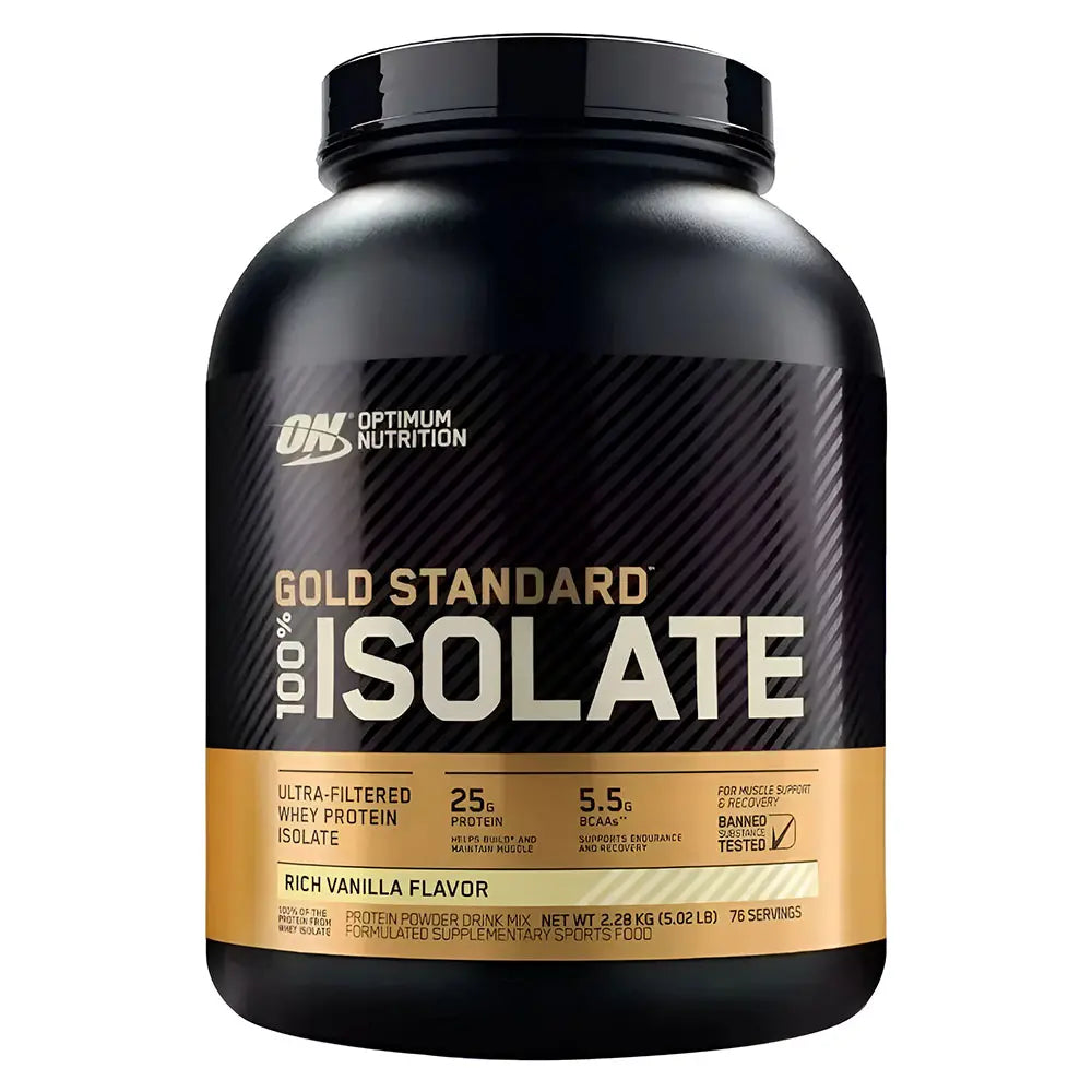 Proteína limpia Optimum Nutrition Gold Standard 100% Isolate en sabor vainilla con 25g de proteína por servicio